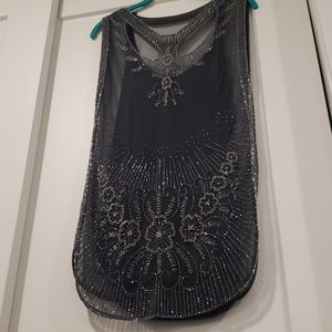 Free People Beaded Gray Silver Floral Tunic Top XS